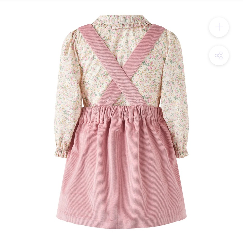 Rachel Riley Pink Floral Kids Dress with Suspenders blouse & cord pinafore set - Picture 2 of 6